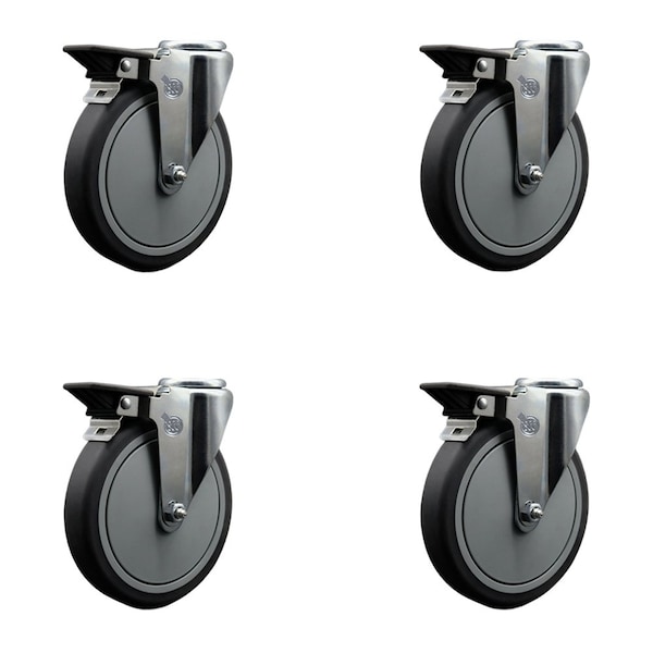 6'' Thermo Rubber Wheel Swivel Bolt Hole Caster Set with Posi Lock Brakes, 4PK